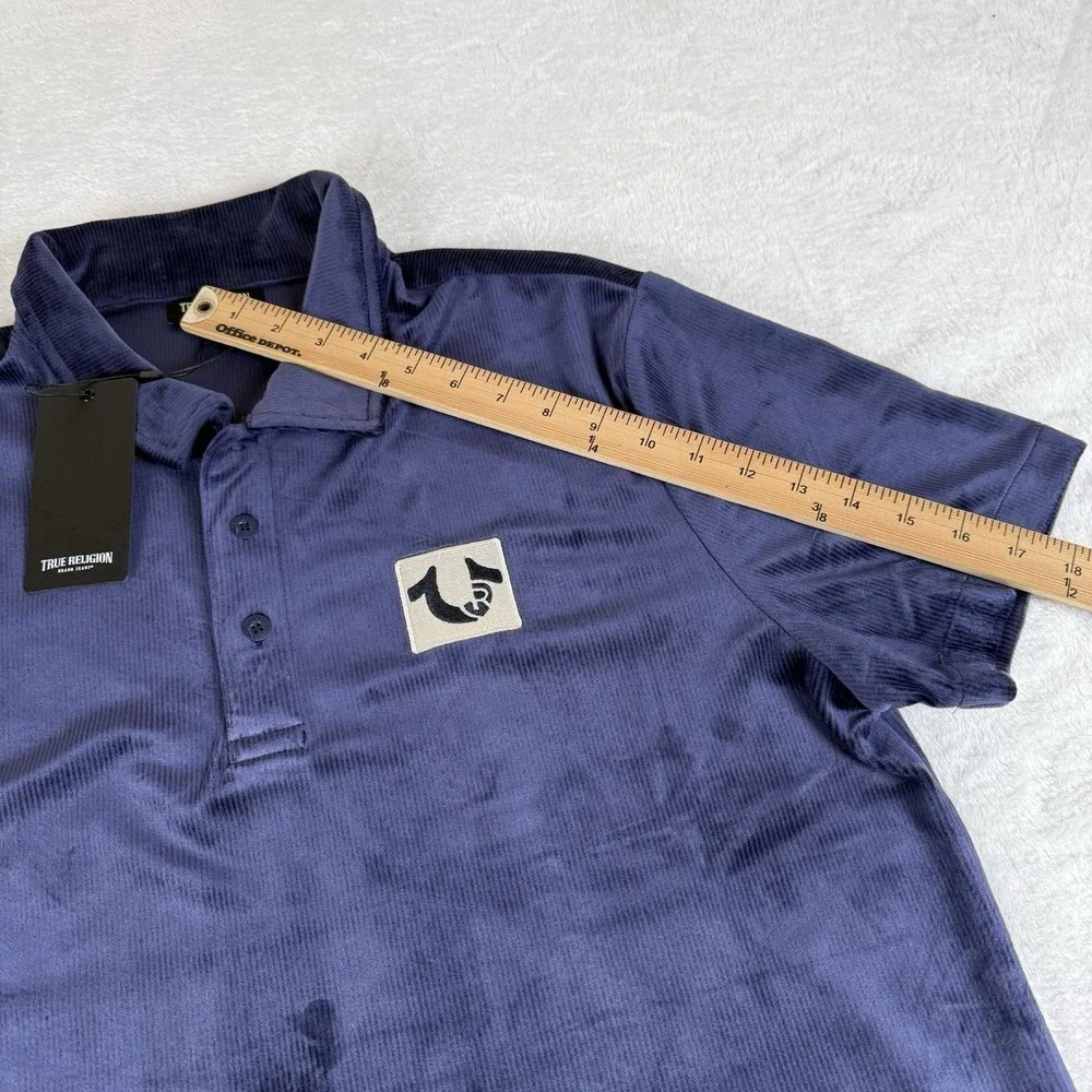True Religion Velour Polo Shirt Men's Medium Eclipse Blue Short Sleeve New $99